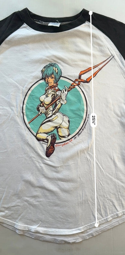 Evangelion 2.0 Rei Ayanami Rockin Jelly Bean Raglan T-Shirt 2010 White Black Size M - Thrift GoblinT-Shirt