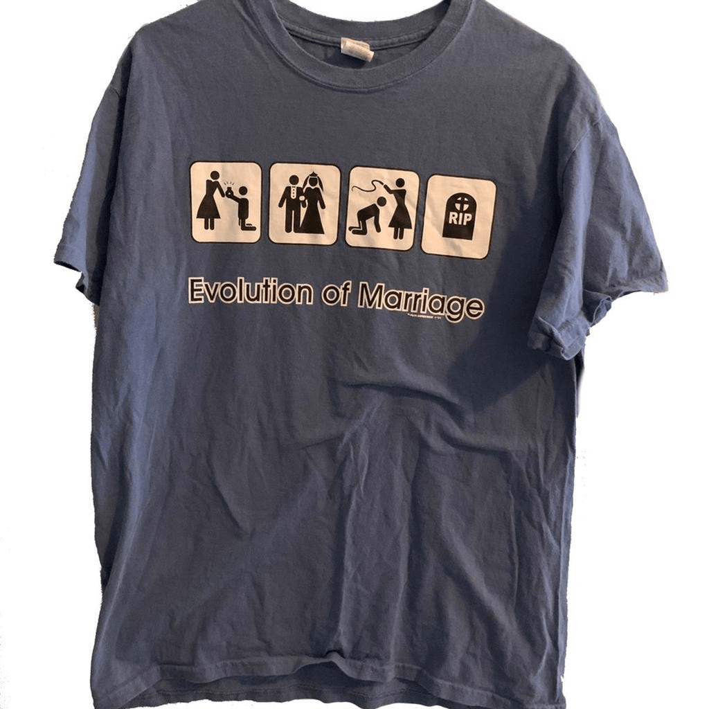Evolution Of Marriage Comic Tee F&M Expressions 1991? L shortsleeve - thriftgoblin