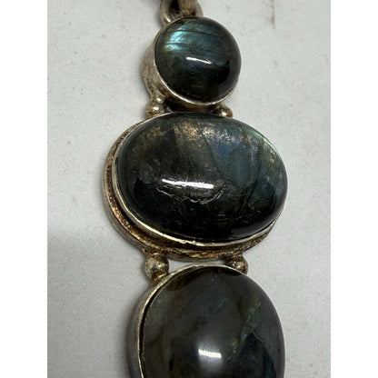 Silver Labradorite Pendant Necklace Snake Chain Three Gemstones Bezel Setting