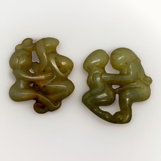 Vintage Chinese Erotic Jade Figurines – Couple Sculpture Pair – Tan/Green Stone
