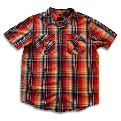 Fun PrAna Shirt Mens Size Medium Short Sleeve Orange Plaid Cotton Hiker Outdoor - thriftgoblin