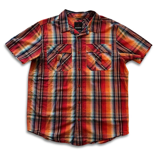 Fun PrAna Shirt Mens Size Medium Short Sleeve Orange Plaid Cotton Hiker Outdoor - thriftgoblin