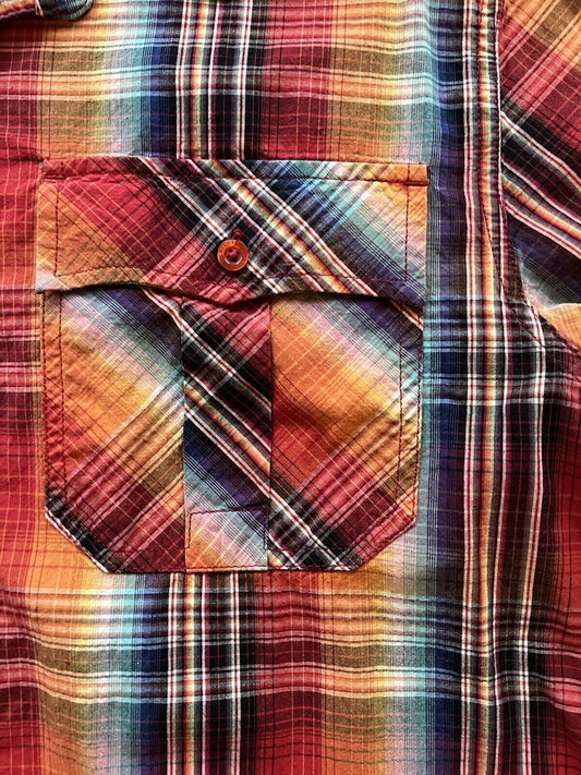 Fun PrAna Shirt Mens Size Medium Short Sleeve Orange Plaid Cotton Hiker Outdoor - thriftgoblin