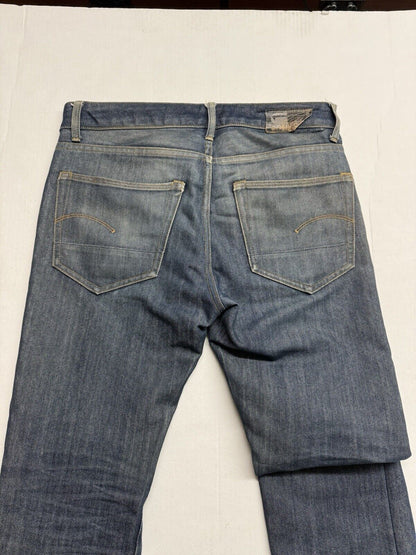 G Star Raw Jean Men 31x32 Blue 3301 Slim Straight Faded Selvedge 2010 Bottoms - thriftgoblin