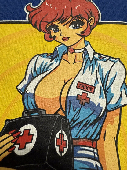 Hook - Ups Skateboard “Nurse Trixie” Blue Vintage TShirt Men's Large JK Industries - thriftgoblin