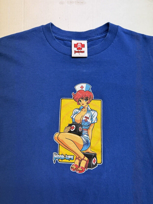Hook - Ups Skateboard “Nurse Trixie” Blue Vintage TShirt Men's Large JK Industries - thriftgoblin