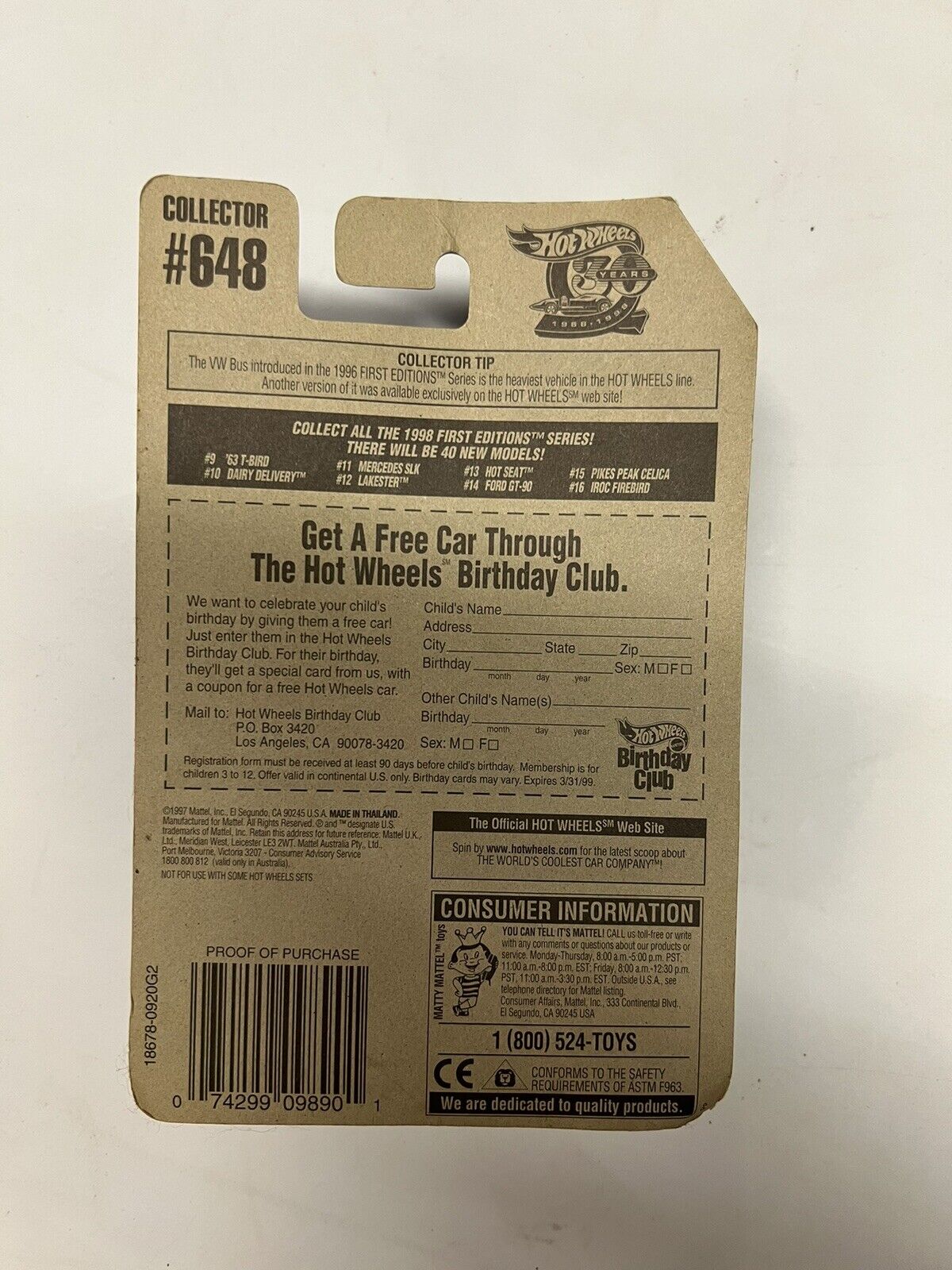 Hot Wheels Hot Seat 1998 First Edition Blue & White Card 13/40 648 - thriftgoblin