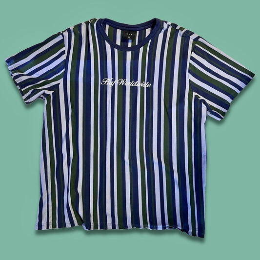 HUF WORLDWIDE Vertical Striped Tee Size XL Embroidered Logo Green Blue White - thriftgoblin