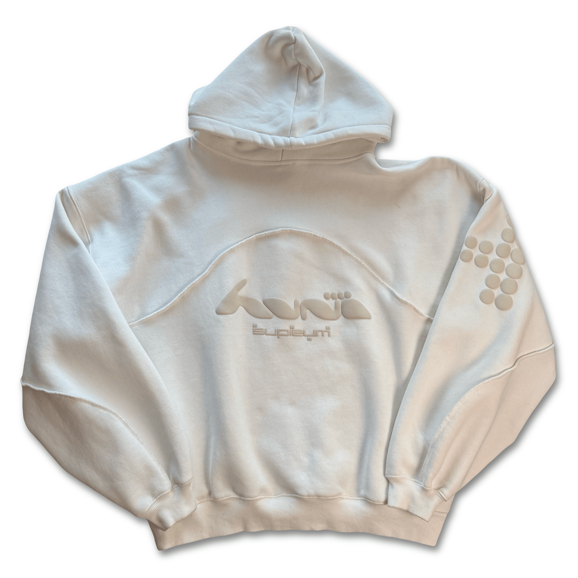 Huni Design Mona Thomas White Hoodie XL Puff Logo 3D Dot Sleeve Est 2018 - thriftgoblinTops