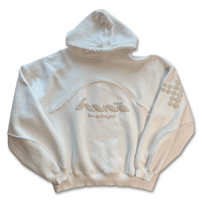 Huni Design Mona Thomas White Hoodie XL Puff Logo 3D Dot Sleeve Est 2018 - thriftgoblinTops