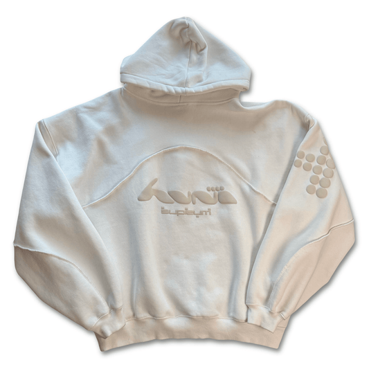 Huni Design Mona Thomas White Hoodie XL Puff Logo 3D Dot Sleeve Est 2018 - thriftgoblinTops