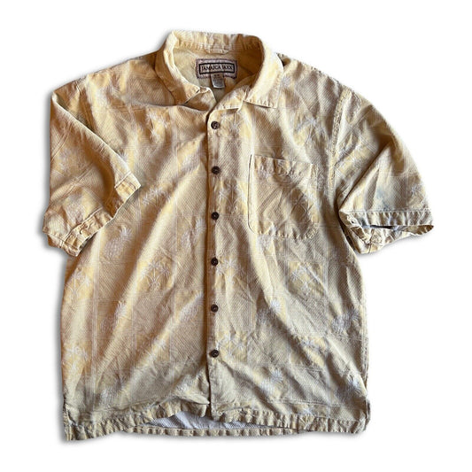 Jamaica Jaxx 100% Silk Button Up Shirt Mens Medium Short Sleeve Yellow Pocket - thriftgoblin