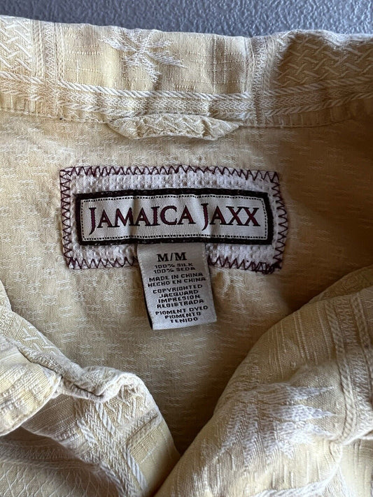 Jamaica Jaxx 100% Silk Button Up Shirt Mens Medium Short Sleeve Yellow Pocket - thriftgoblin