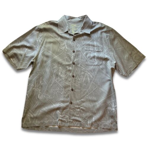 Jamaica Jaxx Shirt Mens L Silk Beige Bamboo Hawaiian Button Up Short Sleeve Mens - thriftgoblin