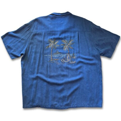 Kalaheo Hawaiian Shirt XL Solid Blue Emroidery Palm Trees Pocket Short Sleeve - thriftgoblin