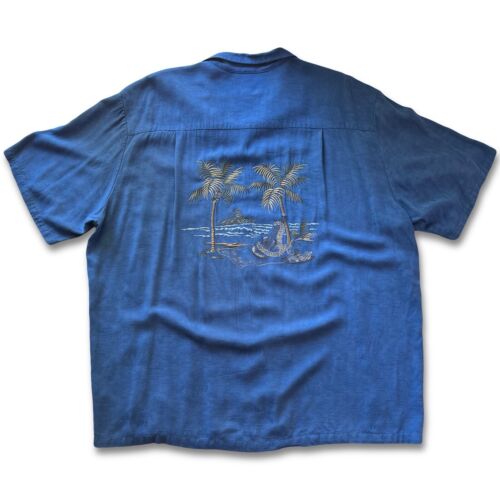 Kalaheo Hawaiian Shirt XL Solid Blue Emroidery Palm Trees Pocket Short Sleeve - thriftgoblin