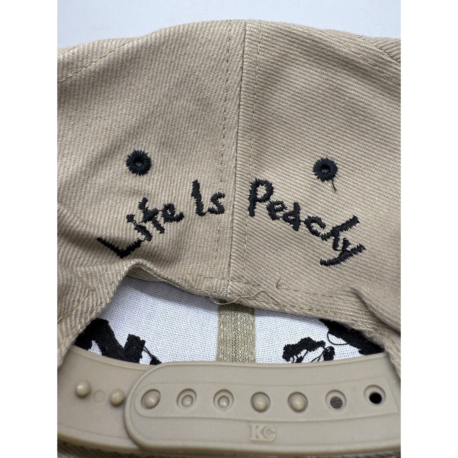 Korn Logo Hat “Life Is Peachy” NWT KC Adjustable Y2K Rare Tan Black Bill Snap - thriftgoblin