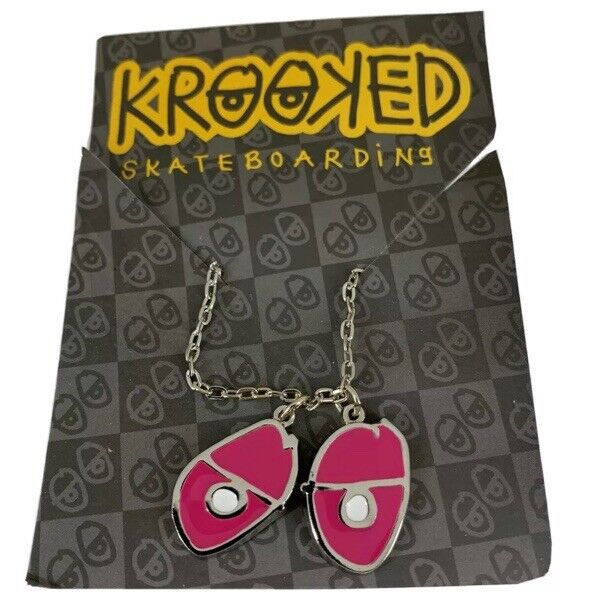 Krooked Eyes Skateboard Pendant, Mens Unisex Necklace, Silver/Pink