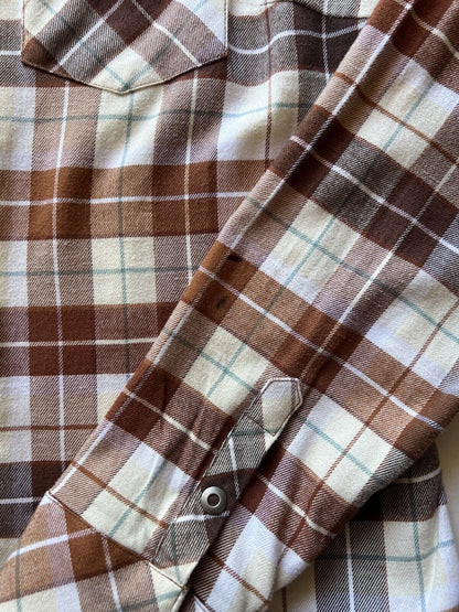 KUHL Tess Plaid Flannel Shirt Cinnamon Brown Women's Sz M Cream Corduroy Hiking - thriftgoblin
