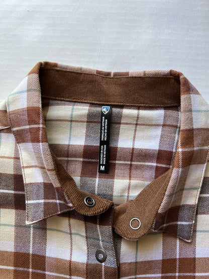 KUHL Tess Plaid Flannel Shirt Cinnamon Brown Women's Sz M Cream Corduroy Hiking - thriftgoblin