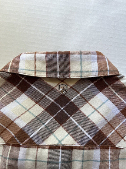 KUHL Tess Plaid Flannel Shirt Cinnamon Brown Women's Sz M Cream Corduroy Hiking - thriftgoblin