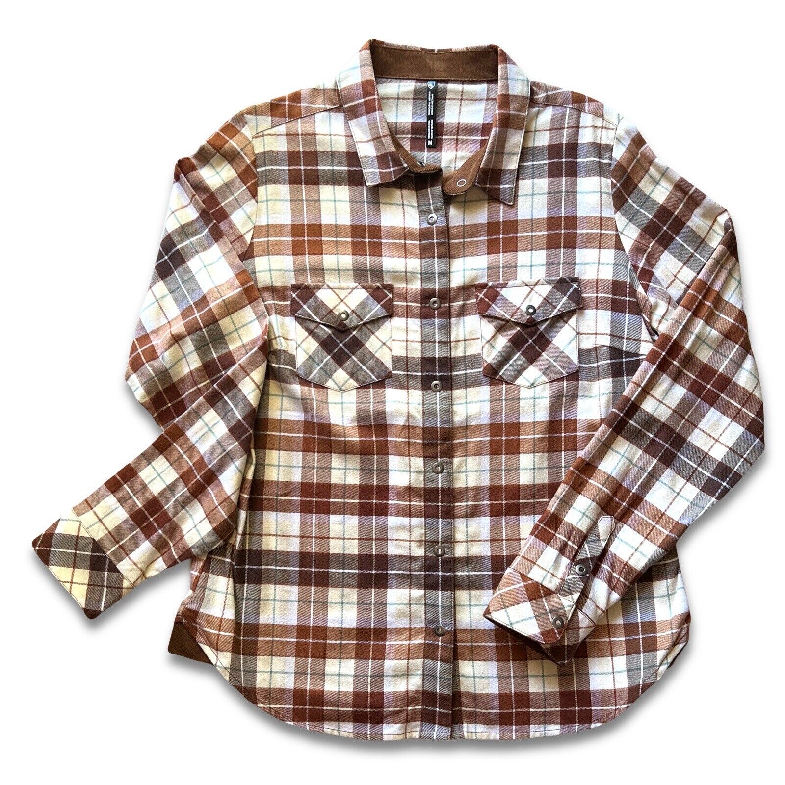 KUHL Tess Plaid Flannel Shirt Cinnamon Brown Women's Sz M Cream Corduroy Hiking - thriftgoblin