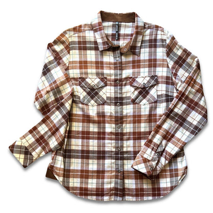 KUHL Tess Plaid Flannel Shirt Cinnamon Brown Women's Sz M Cream Corduroy Hiking - thriftgoblin