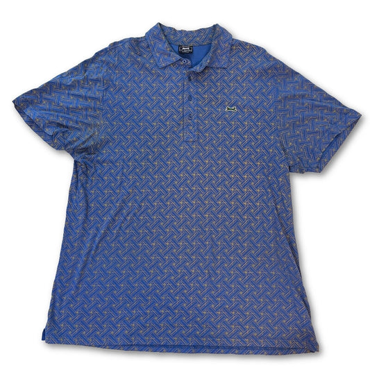 Le Tigre The Classic Polo Shirt Men’s Size M Blue Gold Print 4 Button Collar XL - thriftgoblin