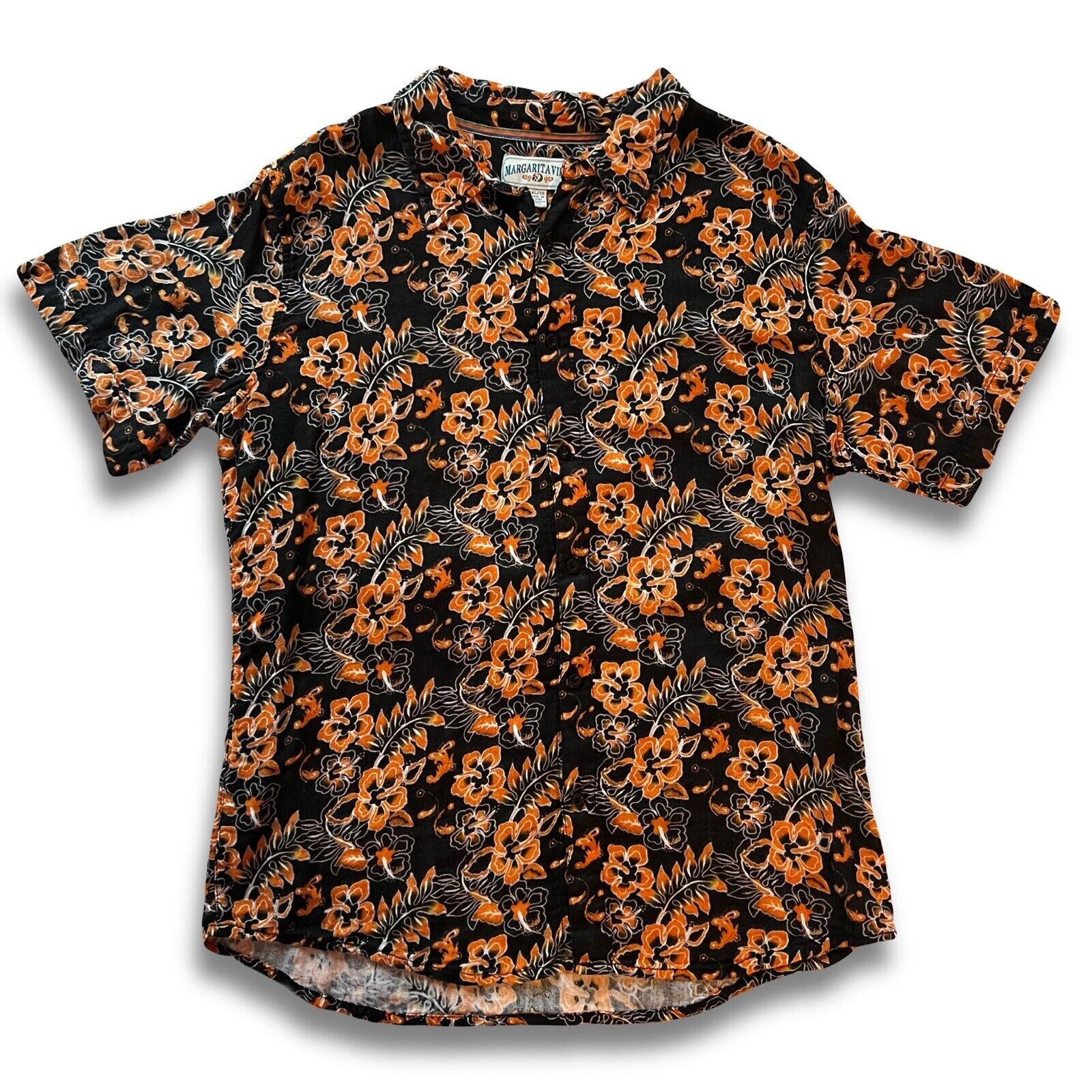 Margaritaville Orange And Black Button Up Shirt Awesome Halloween Hawaii Floral - thriftgoblin