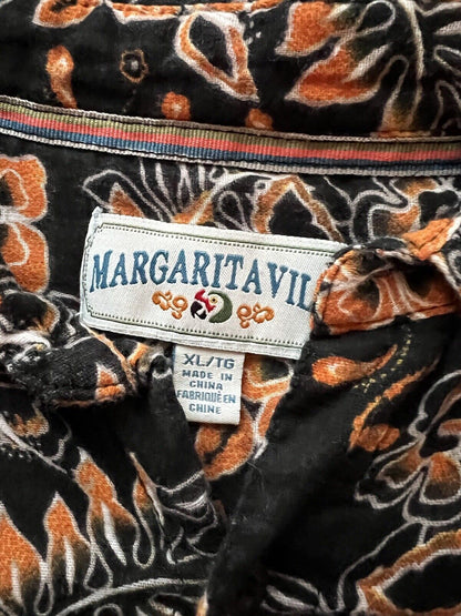 Margaritaville Orange And Black Button Up Shirt Awesome Halloween Hawaii Floral - thriftgoblin