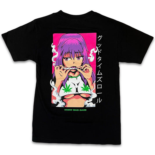 Men's Waifu Smoking Know Bad Daze Anime Girl Halfboob Stoner Graphic Shirt Adult - thriftgoblin