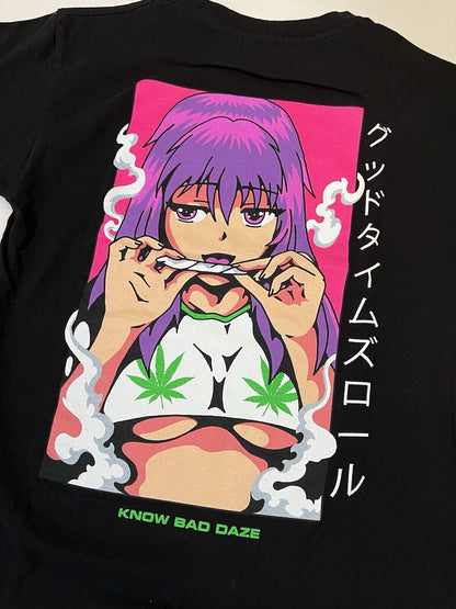 Men's Waifu Smoking Know Bad Daze Anime Girl Halfboob Stoner Graphic Shirt Adult - thriftgoblin