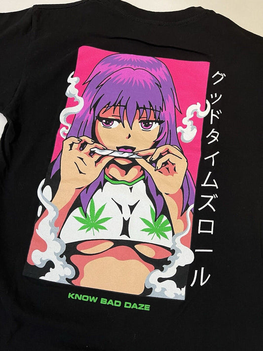 Men's Waifu Smoking Know Bad Daze Anime Girl Halfboob Stoner Graphic Shirt Adult - thriftgoblin