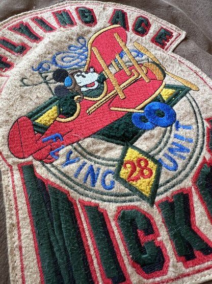 Mickey Mouse Flying Ace Patches Unit Genuine Leather Bomber Vintage Brown Mens - thriftgoblin