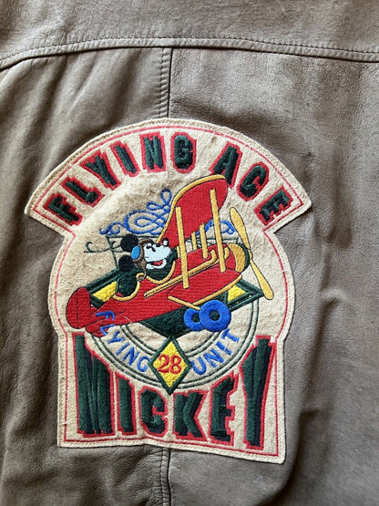 Mickey Mouse Flying Ace Patches Unit Genuine Leather Bomber Vintage Brown Mens - thriftgoblin