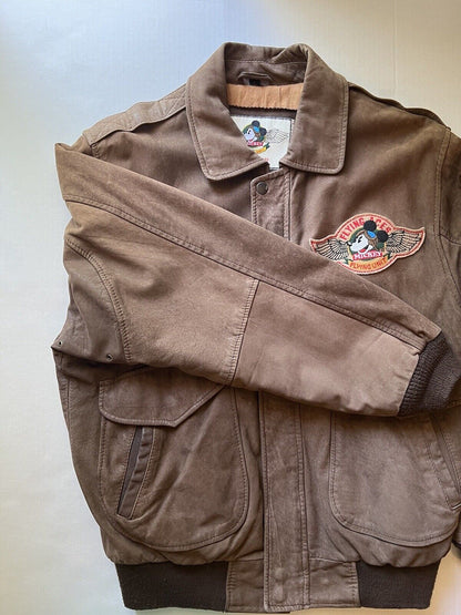 Mickey Mouse Flying Ace Patches Unit Genuine Leather Bomber Vintage Brown Mens - thriftgoblin