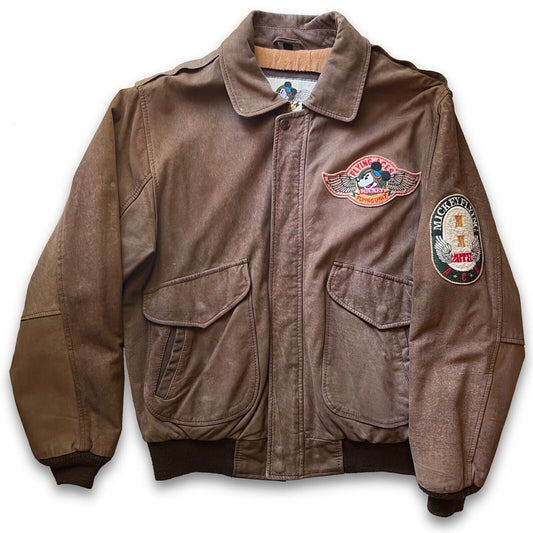 Mickey Mouse Flying Ace Patches Unit Genuine Leather Bomber Vintage Brown Mens - thriftgoblin