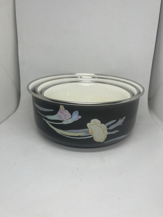 Mikasa Vintage Set of 3 UN710 Charisma Black 531, 532 & 533 Serving Bowls Flower - thriftgoblin