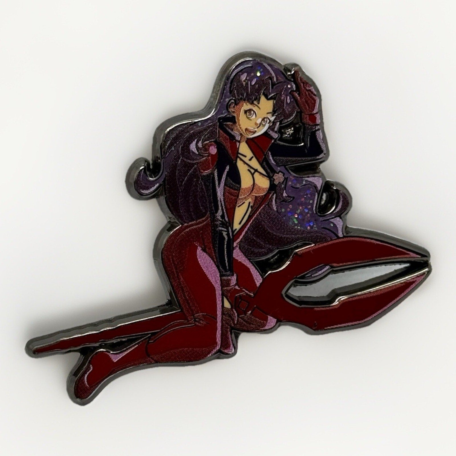 Misato Glitter Enamel Pin – Neon Genesis Evangelion, Spear of Longinus, Sega Suit - thriftgoblin