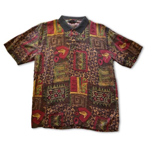 Montage pour homme Silk knit trim polo shirt. Mens Large Red Abstract Vintage - thriftgoblin