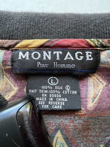 Montage pour homme Silk knit trim polo shirt. Mens Large Red Abstract Vintage - thriftgoblin