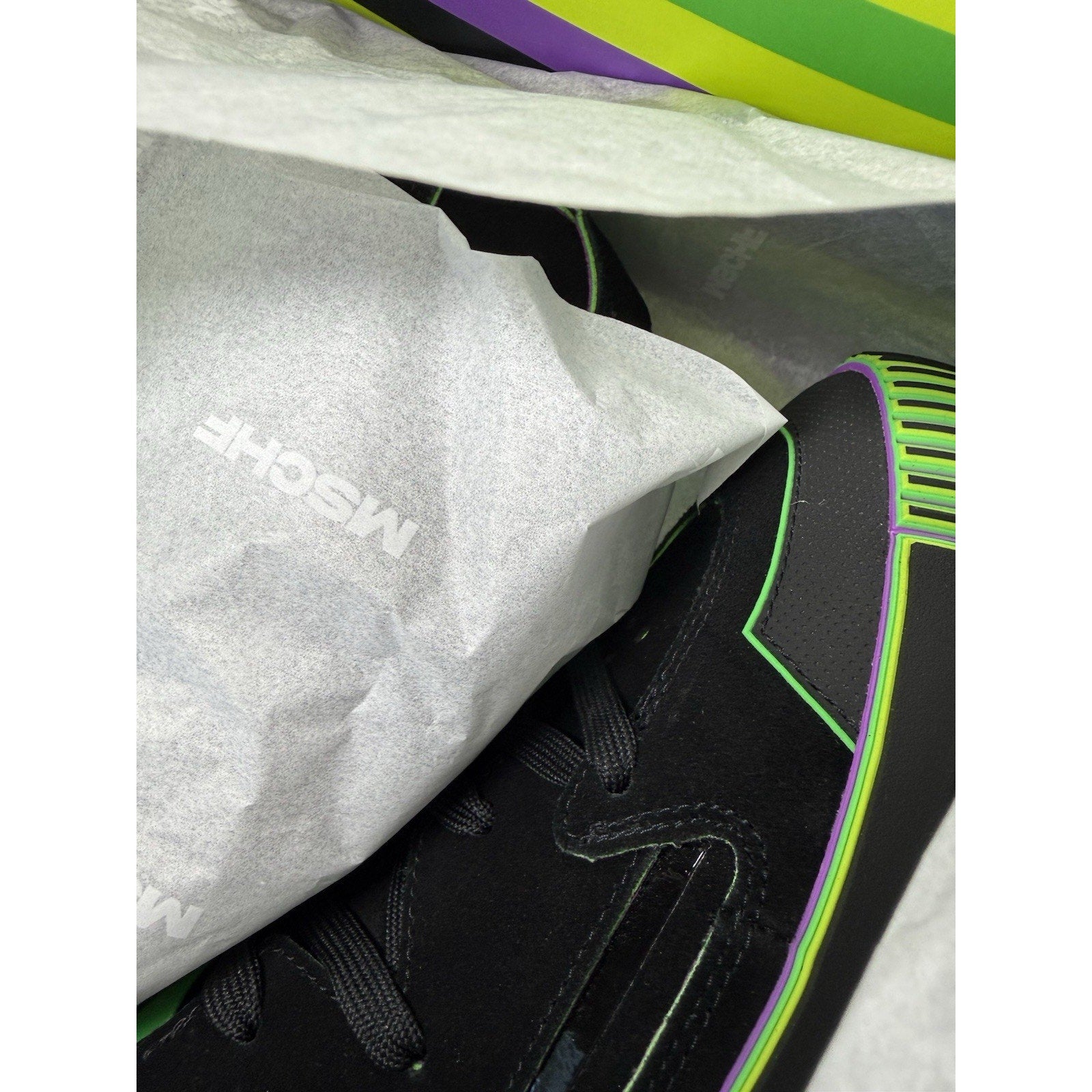 MSCHF Gobstomper Black Lime Green Purple Size 12 NIB Extra Laces & Keychain - thriftgoblin
