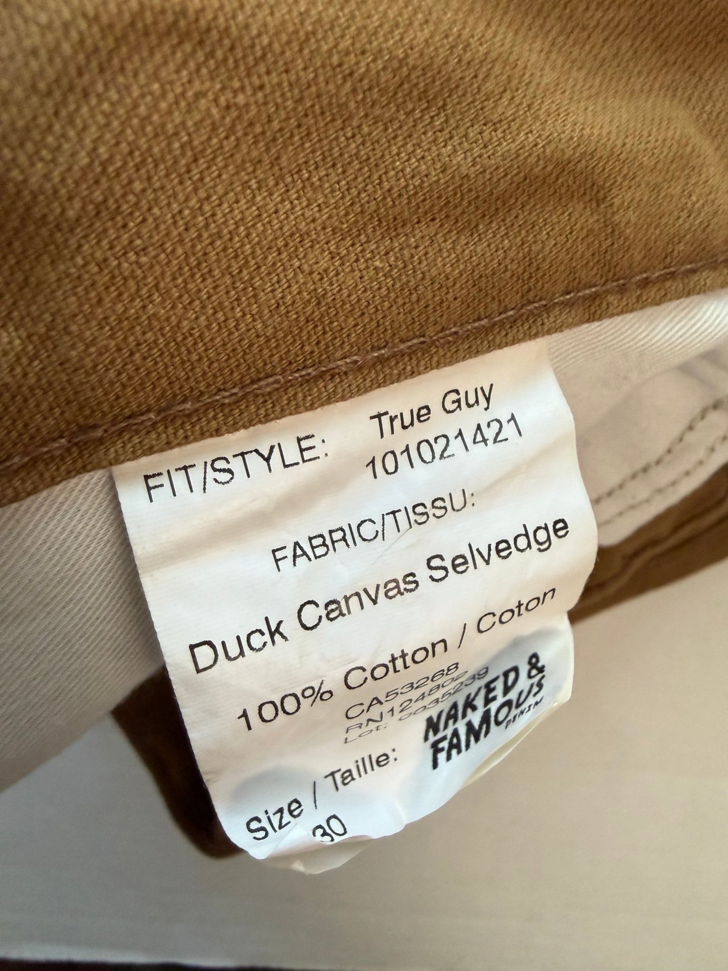 Naked & Famous True Guy Duck Canvas Selvedge Denim W30 10oz Japan Made Canada - thriftgoblinDenim