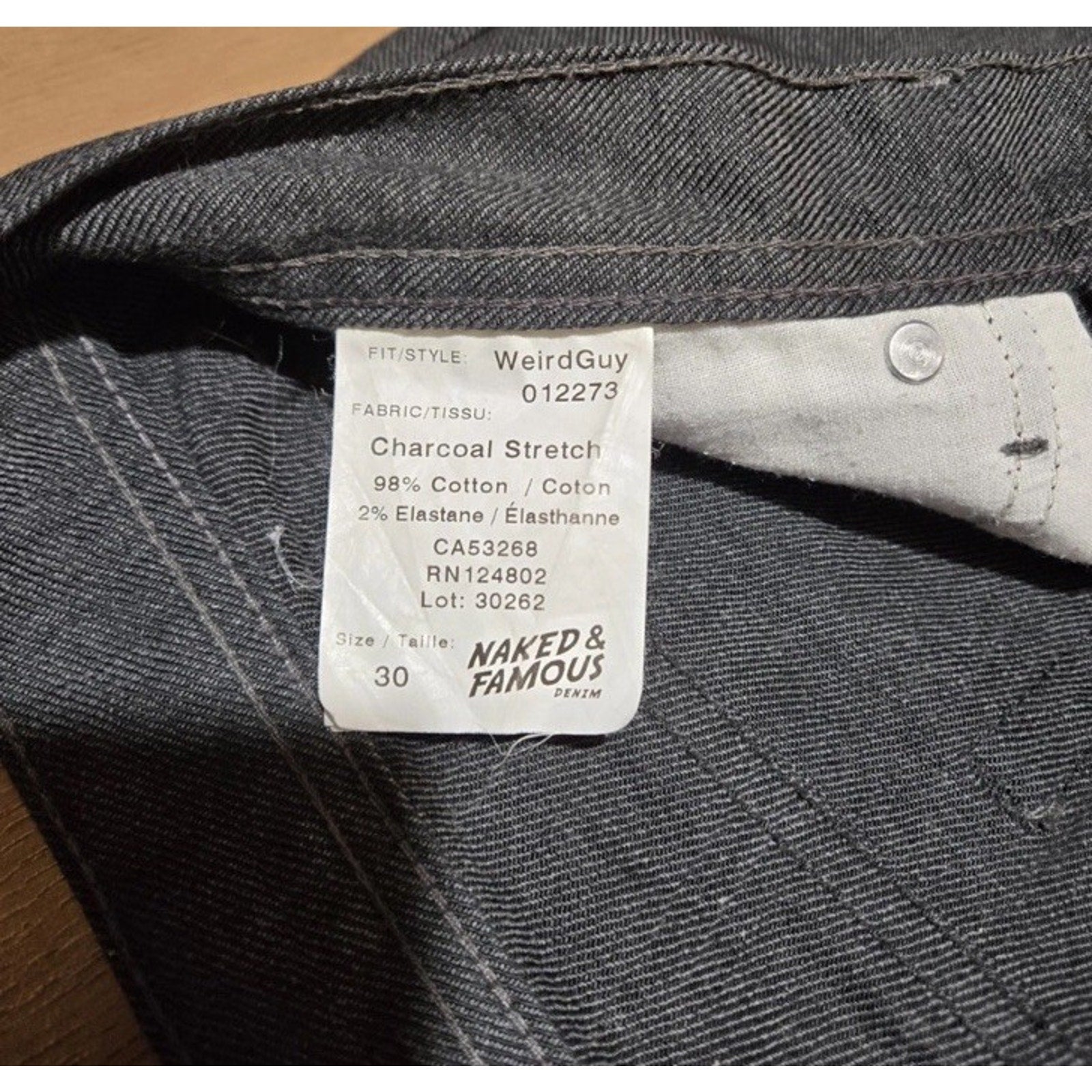 Naked & Famous Weird Guy Raw Denim Jeans 30 W Charcoal Stretch Slim Tapered Fit - thriftgoblin