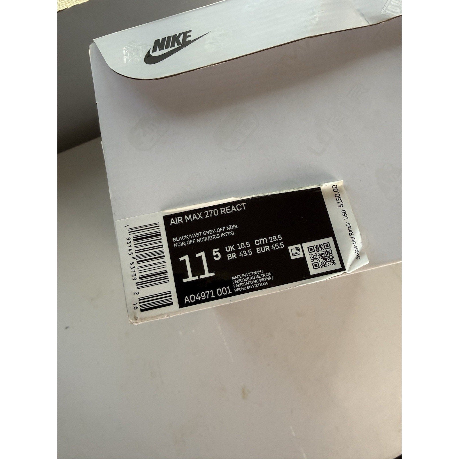 Nike Air Max 270 React Black Vast Grey Off White AO4971 - 001 Men’s Size 11.5 Gray - thriftgoblin