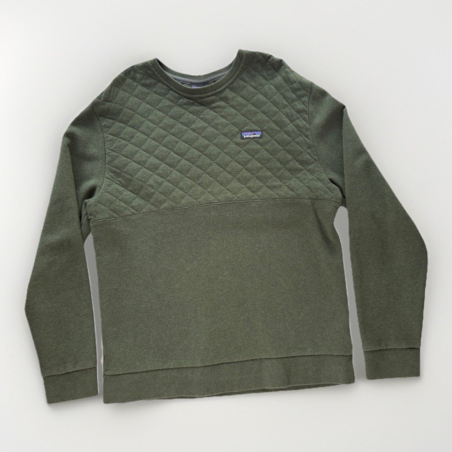 Patagonia Organic Cotton Quilt Crewneck Sweatshirt Men’s Large Olive Green Long - thriftgoblin