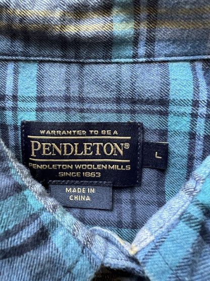 Pendleton Flannel Shirt Women Medium Blue Plaid Long Sleeve Button Up Wool Blend - thriftgoblin