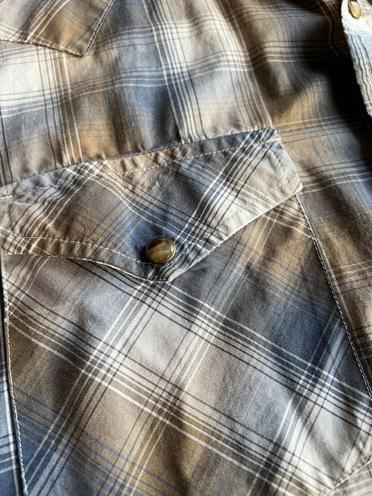 Pendleton Shirt Mens Blue Brown Large Plaid Frontier Pearl Snap Western Cowboy - thriftgoblin