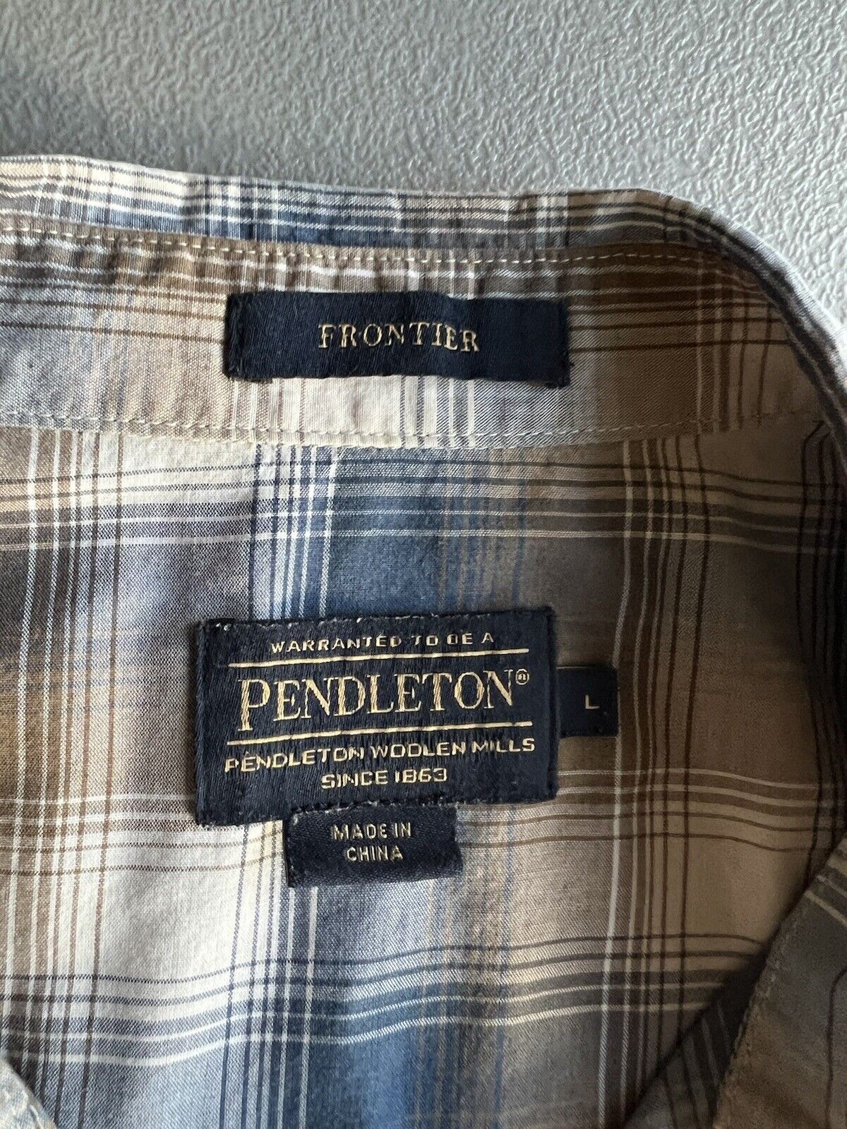 Pendleton Shirt Mens Blue Brown Large Plaid Frontier Pearl Snap Western Cowboy - thriftgoblin