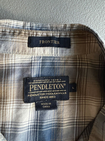 Pendleton Shirt Mens Blue Brown Large Plaid Frontier Pearl Snap Western Cowboy - thriftgoblin
